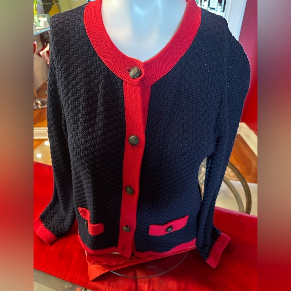 FOREVER 21 CARDIGAN NAVY BLUE AND RED WITH 2 FRONT POCKETS AND BUTTONS SIZE M - Picture 7 of 10